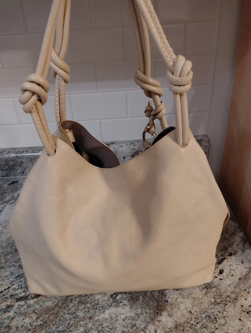 Vince Camuto Cream Pebbled Leather Knotted-Handle Hobo Bag Purse